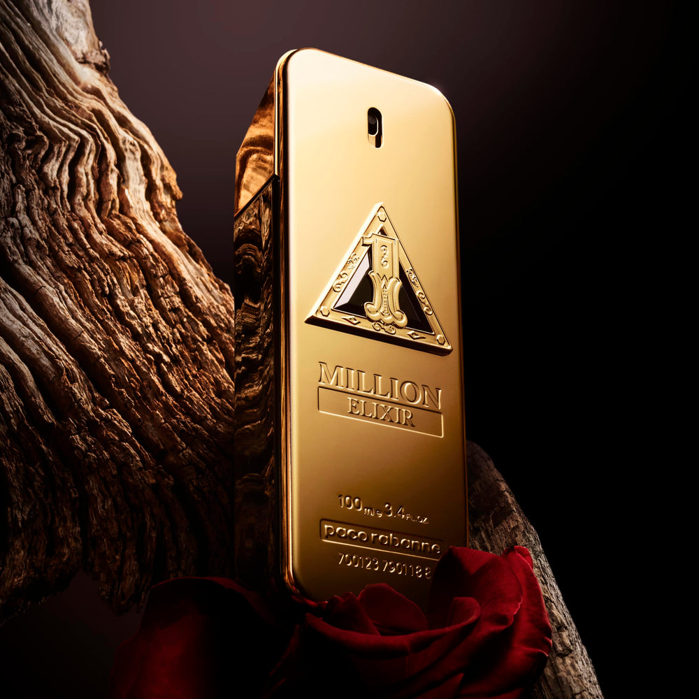 Paco Rabanne 1 Million Elixir bottle with gold accents conveys luxurious fragrance presence.