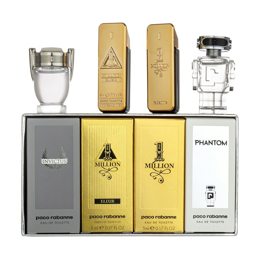 Paco Rabanne four-piece travel collection bottles with sleek cases.