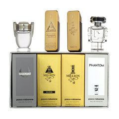 Paco Rabanne four-piece travel collection bottles with sleek cases.