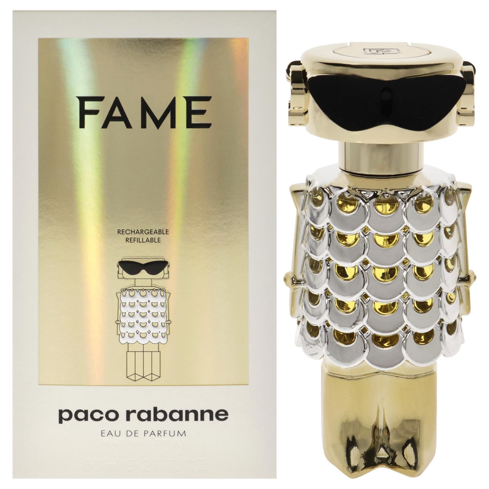 Paco Rabanne Fame EDP bottle closeup evokes elegant evening scent.