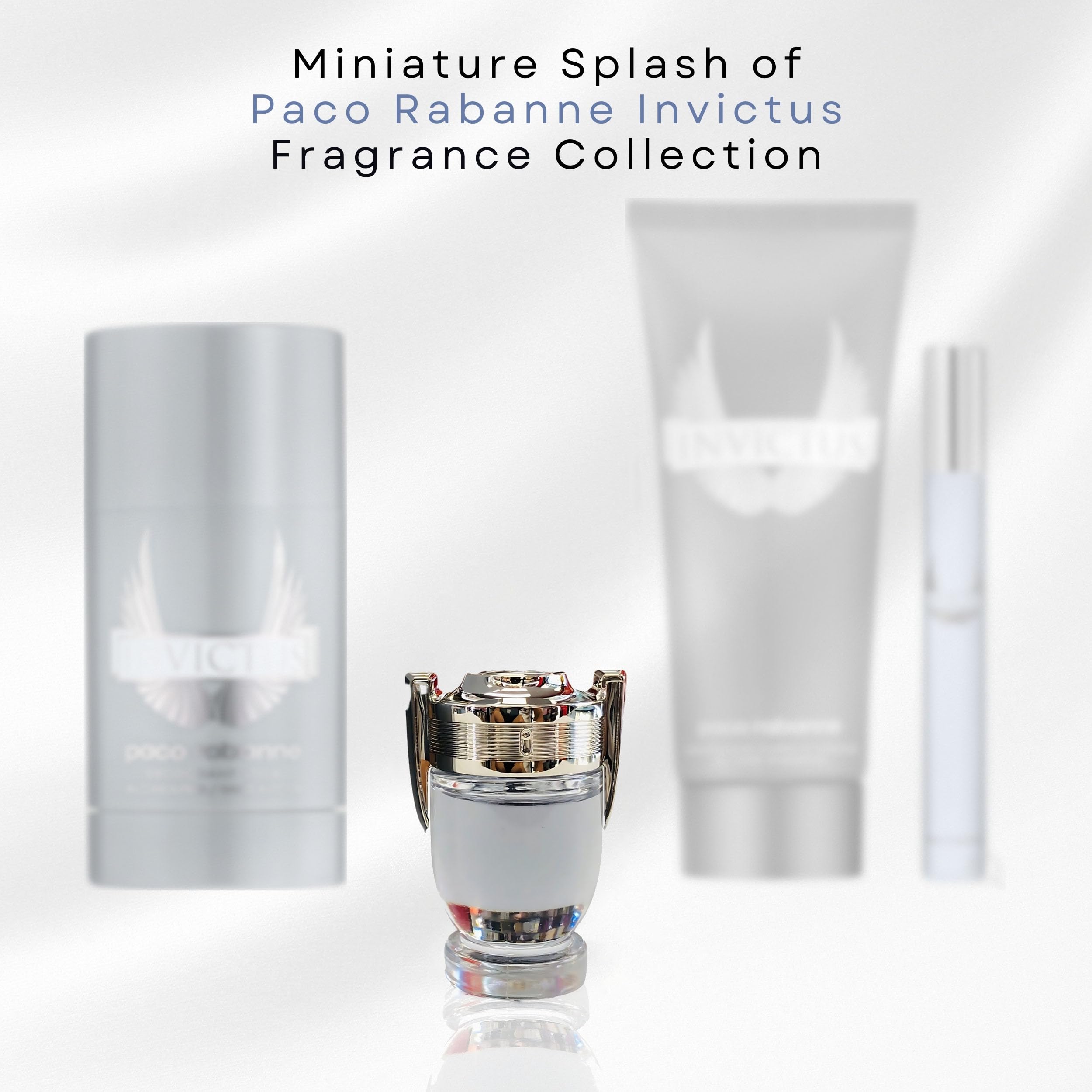Close-up of Invictus mini splash bottle showing scent profile
