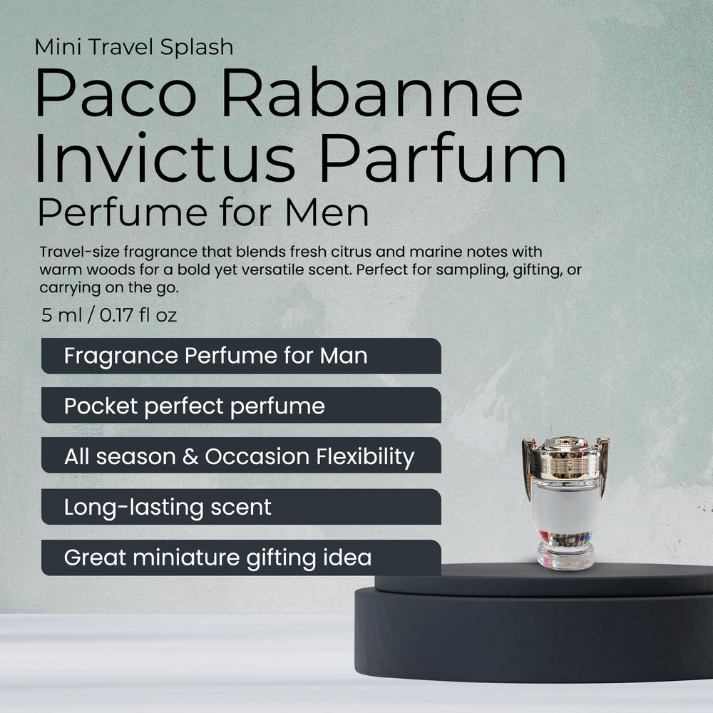 Paco Rabanne Invictus splash bottle closeup highlights sleek packaging for confident days.