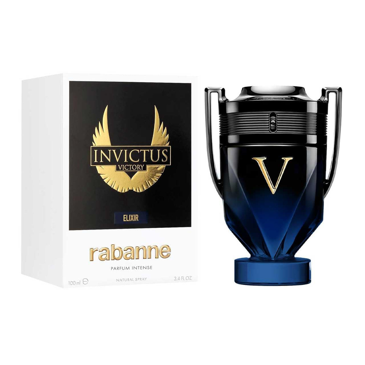 Paco Rabanne Invictus Victory Elixir bottle close-up, amber-woody profile for confident presence.