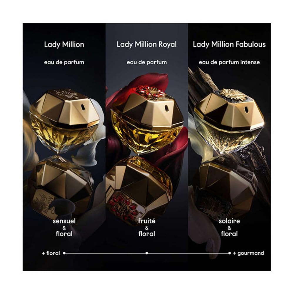 Paco Rabanne Lady Million bottle cap closeup—sleek luxury for evening allure.