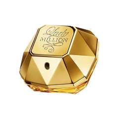 Paco Rabanne Lady Million fragrance bottle with soft lighting conveying glamour and lasting allure