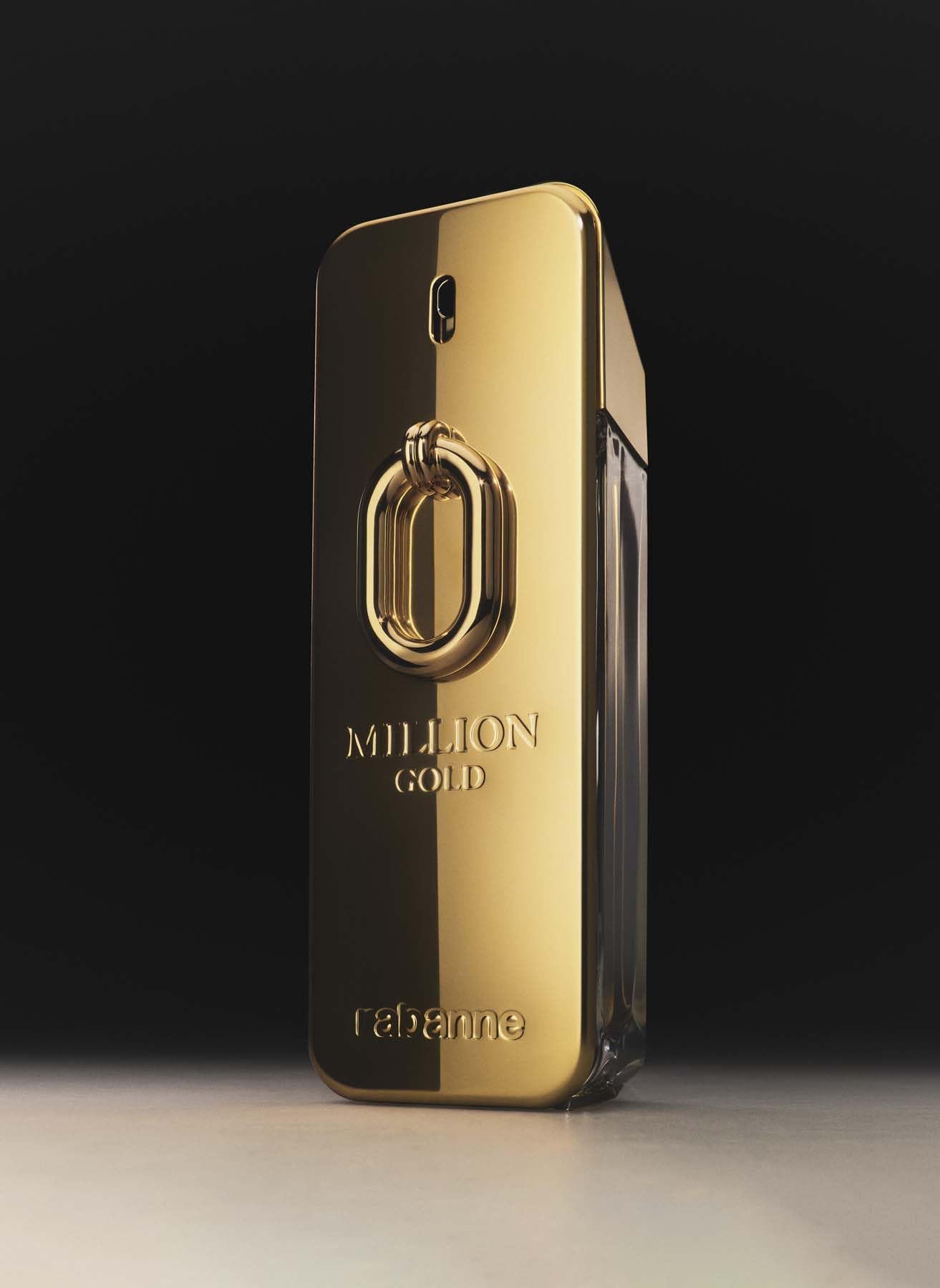 Paco Rabanne Million Gold Intense bottle close-up logo reinforces premium branding