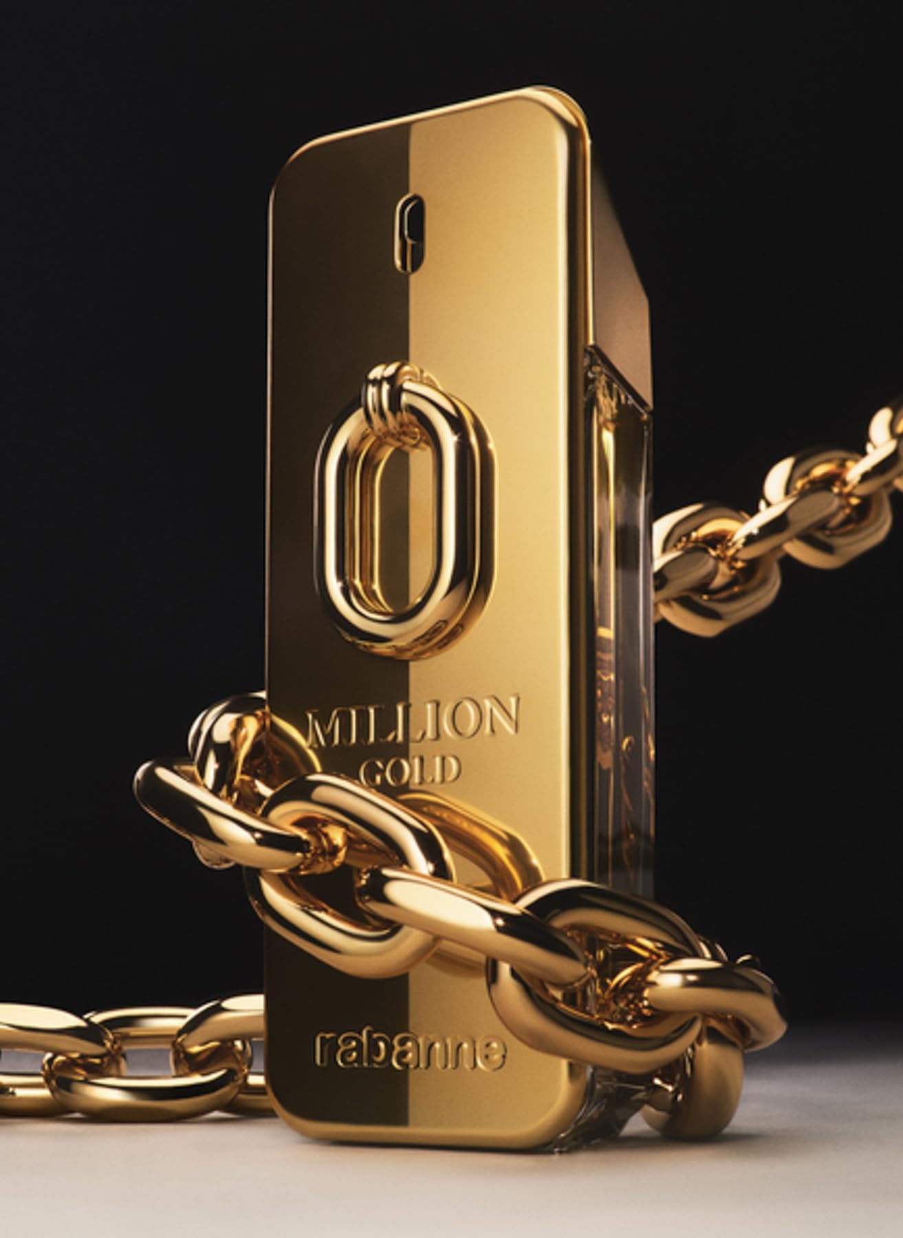 Paco Rabanne Million Gold Intense luxury packaging display emphasizes aspirational fragrance