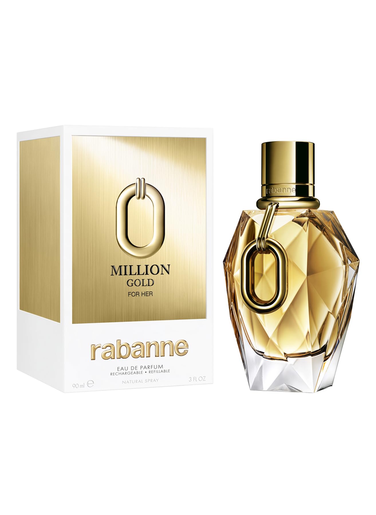Paco Rabanne Million Gold refill symbol emphasizes eco-friendly convenience