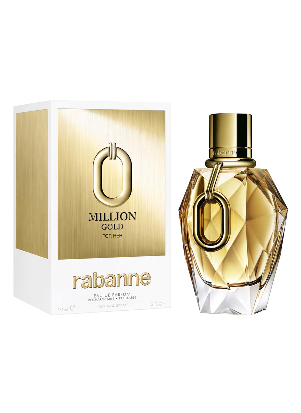 Paco Rabanne Million Gold refill symbol emphasizes eco-friendly convenience