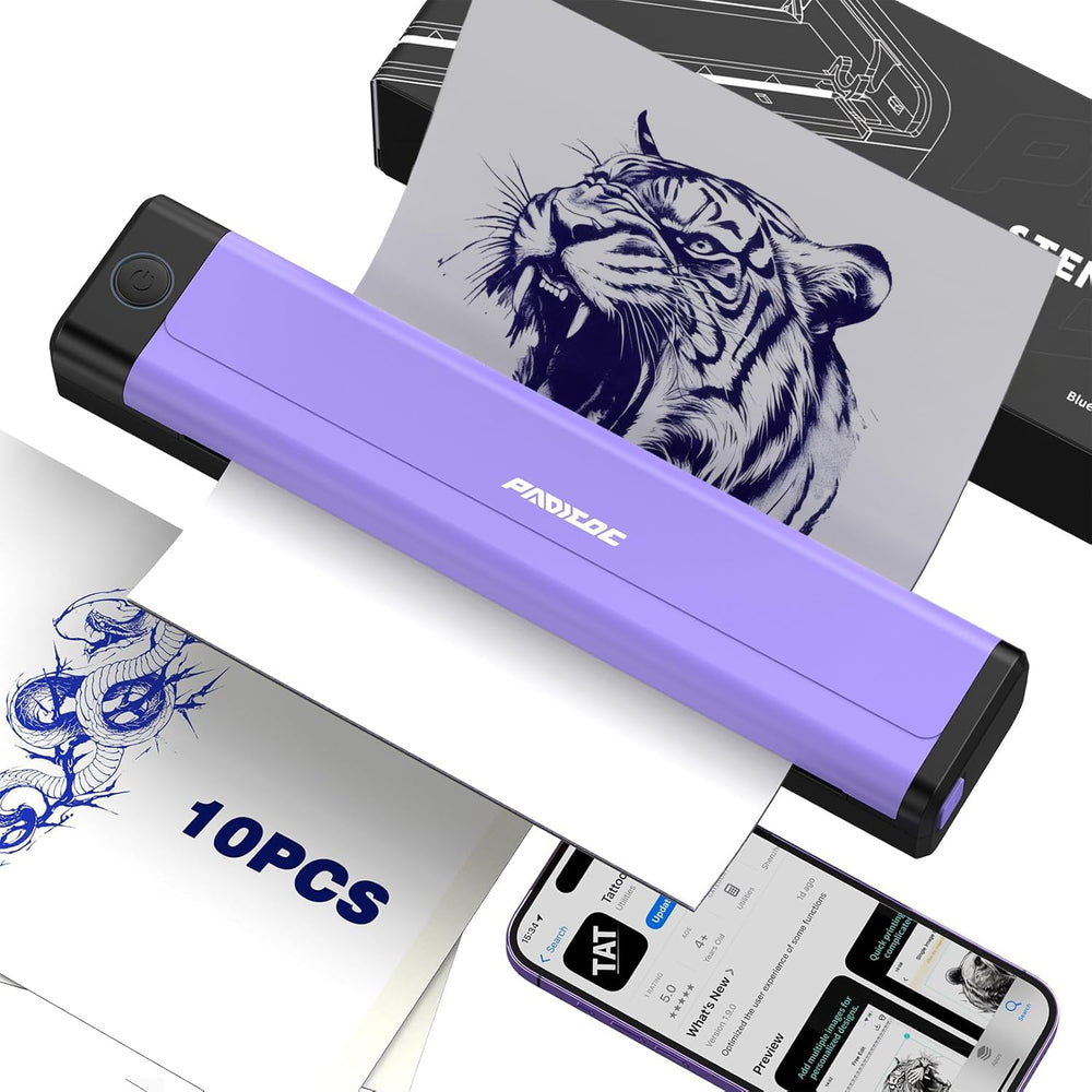 Padieoe Tattoo Stencil Printer on tabletop enables quick studio setups with wireless printing.