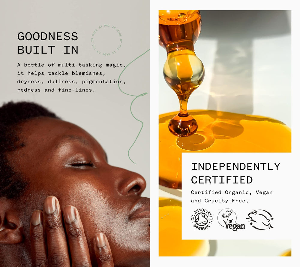 PAI SKINCARE Rosehip oil vegan organic formula label detail underscores clean ingredients