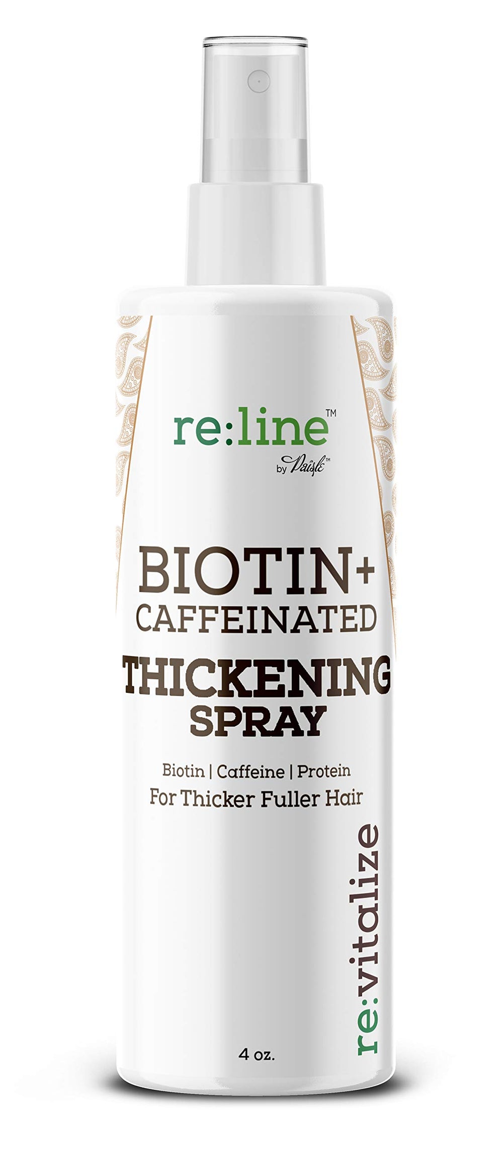 Paisle Botanics Biotin Thickening Spray highlights caffeine and biotin for follicle-friendly vitality.