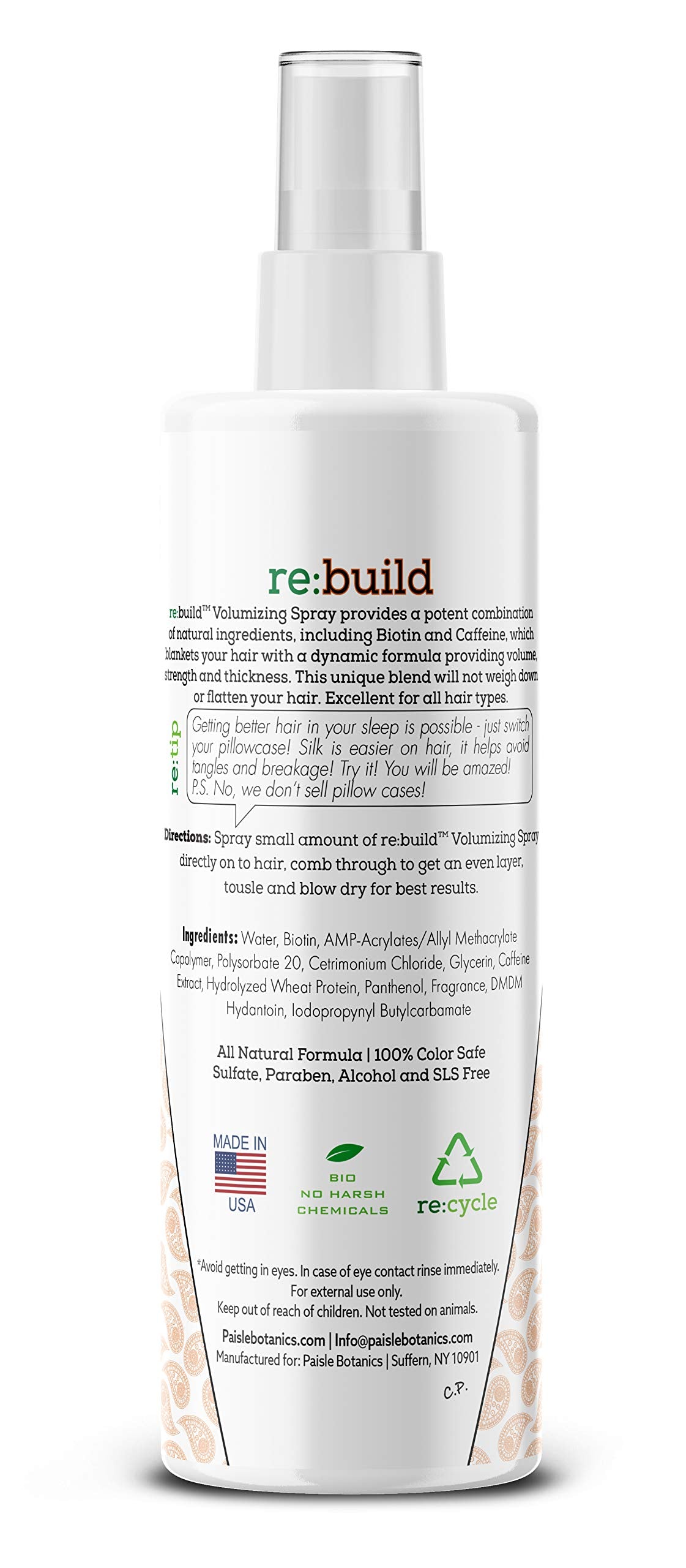 Paisle Botanics Biotin Volumizing Spray packaging highlighting clean, color-safe formula.
