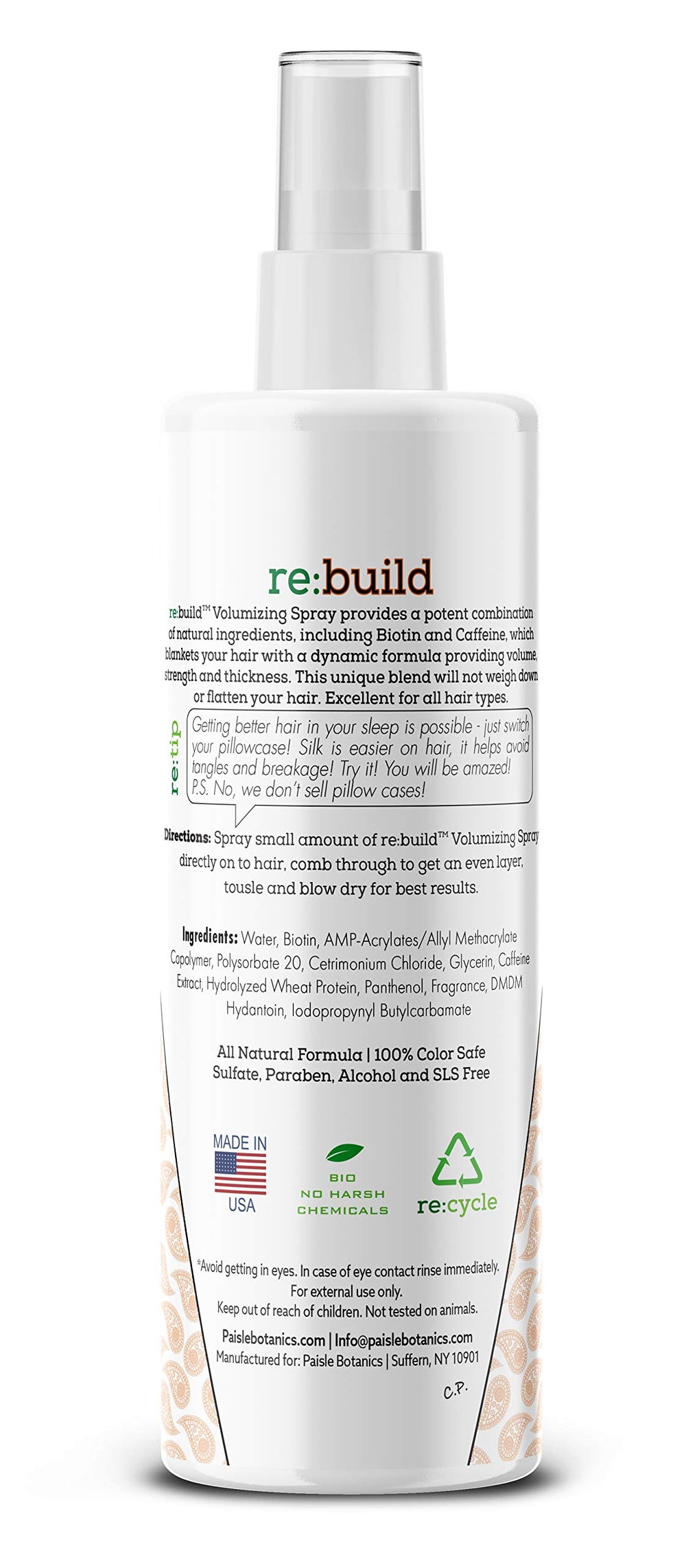 Paisle Botanics Biotin Volumizing Spray packaging highlighting clean, color-safe formula.