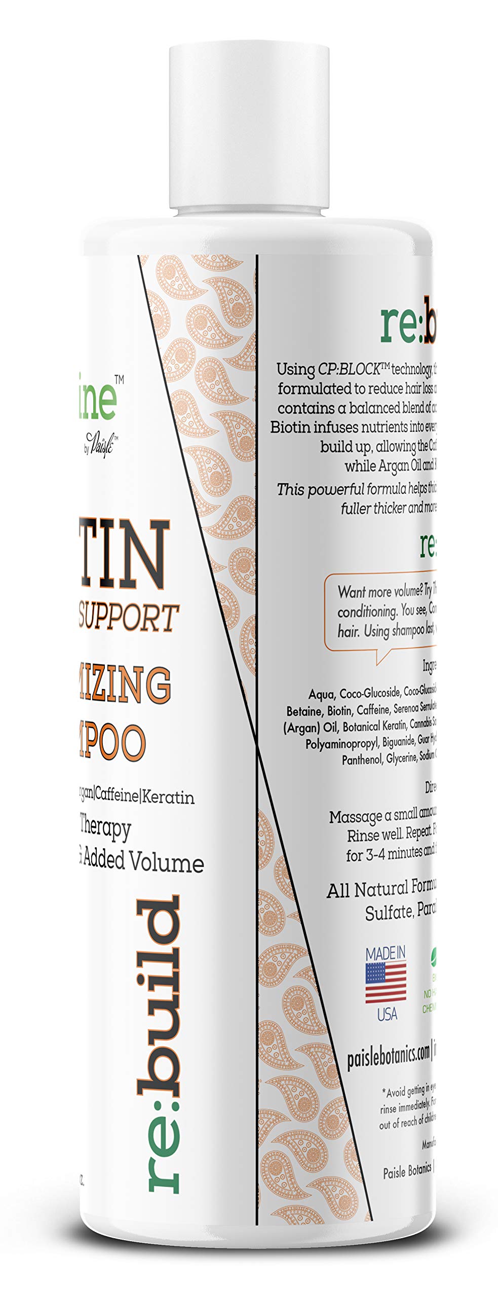 Paisle Botanics bottle close-up highlighting biotin and caffeine benefits for hair.