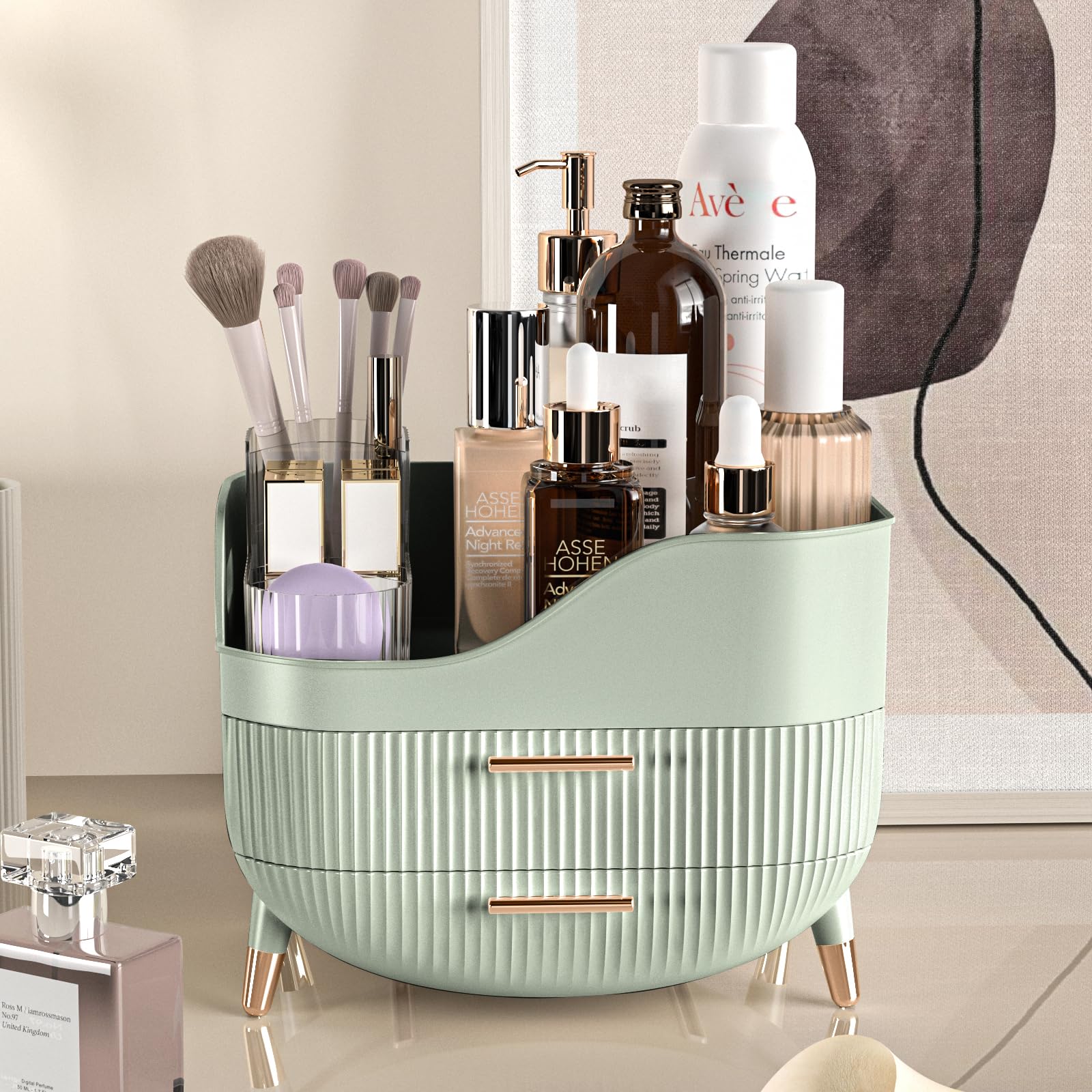 Pajiriona large-capacity organizer with two drawers stores skincare and makeup items neatly.