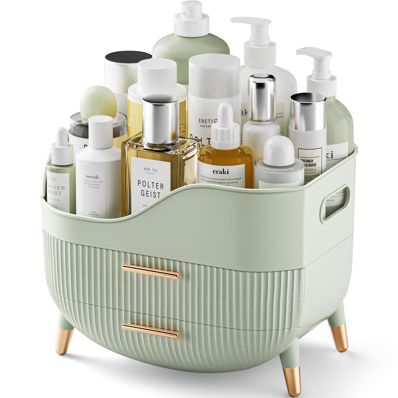 Pajiriona makeup organizer with drawers highlights a top compartment for easy skincare storage and quick access.