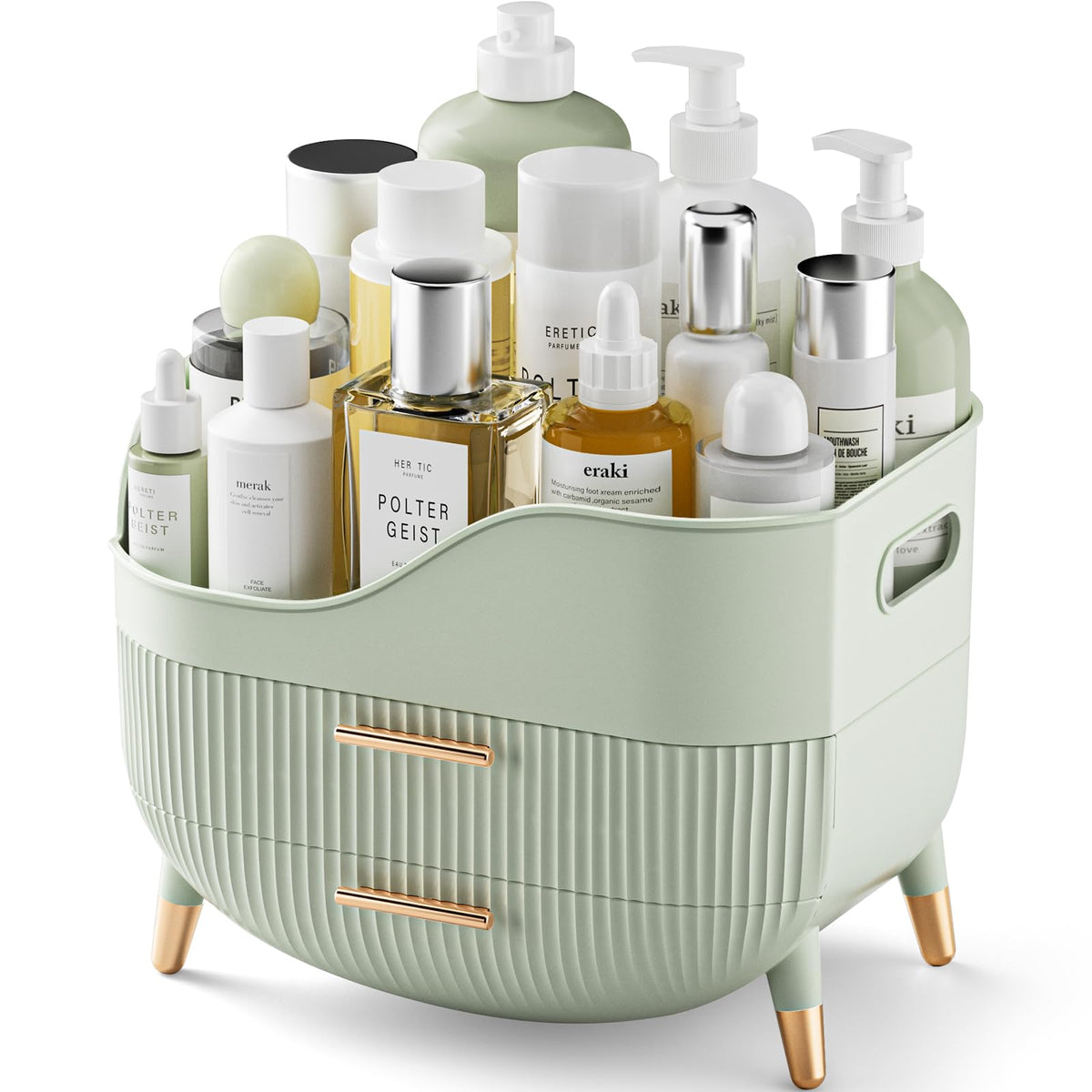 Pajiriona makeup organizer with drawers highlights a top compartment for easy skincare storage and quick access.