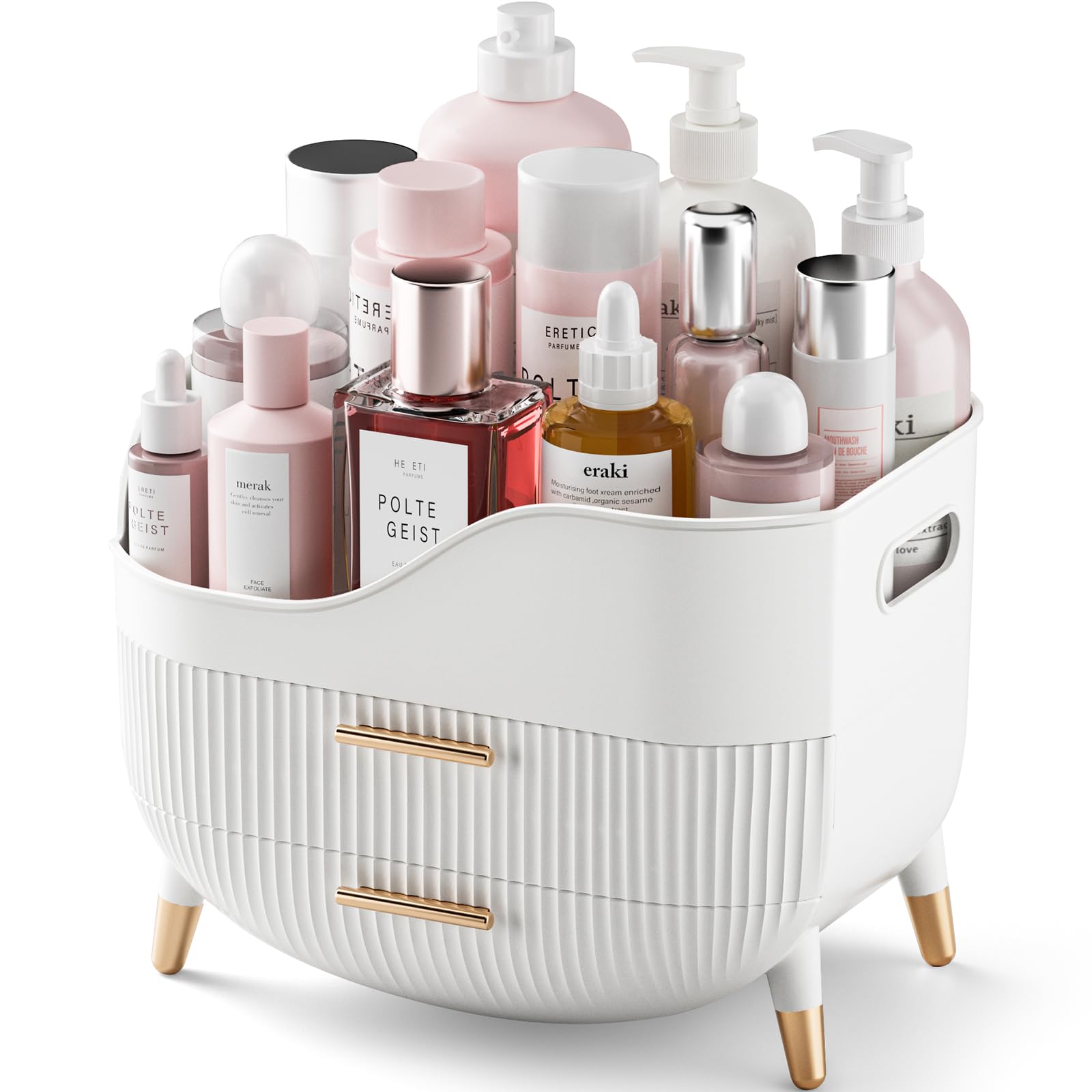 Pajiriona makeup organizer with drawers and top compartment for easy access to cosmetics