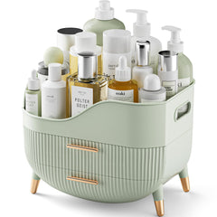 Pajiriona makeup organizer with drawers highlights a top compartment for easy skincare storage and quick access.