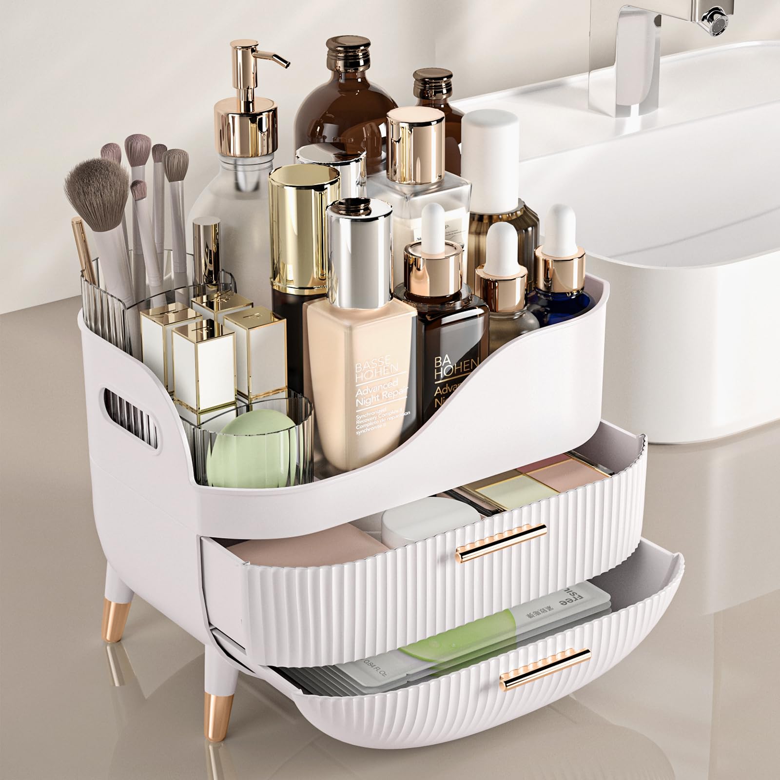 Pajiriona makeup organizer highlighting large capacity for foundations, lipsticks, and highlighters