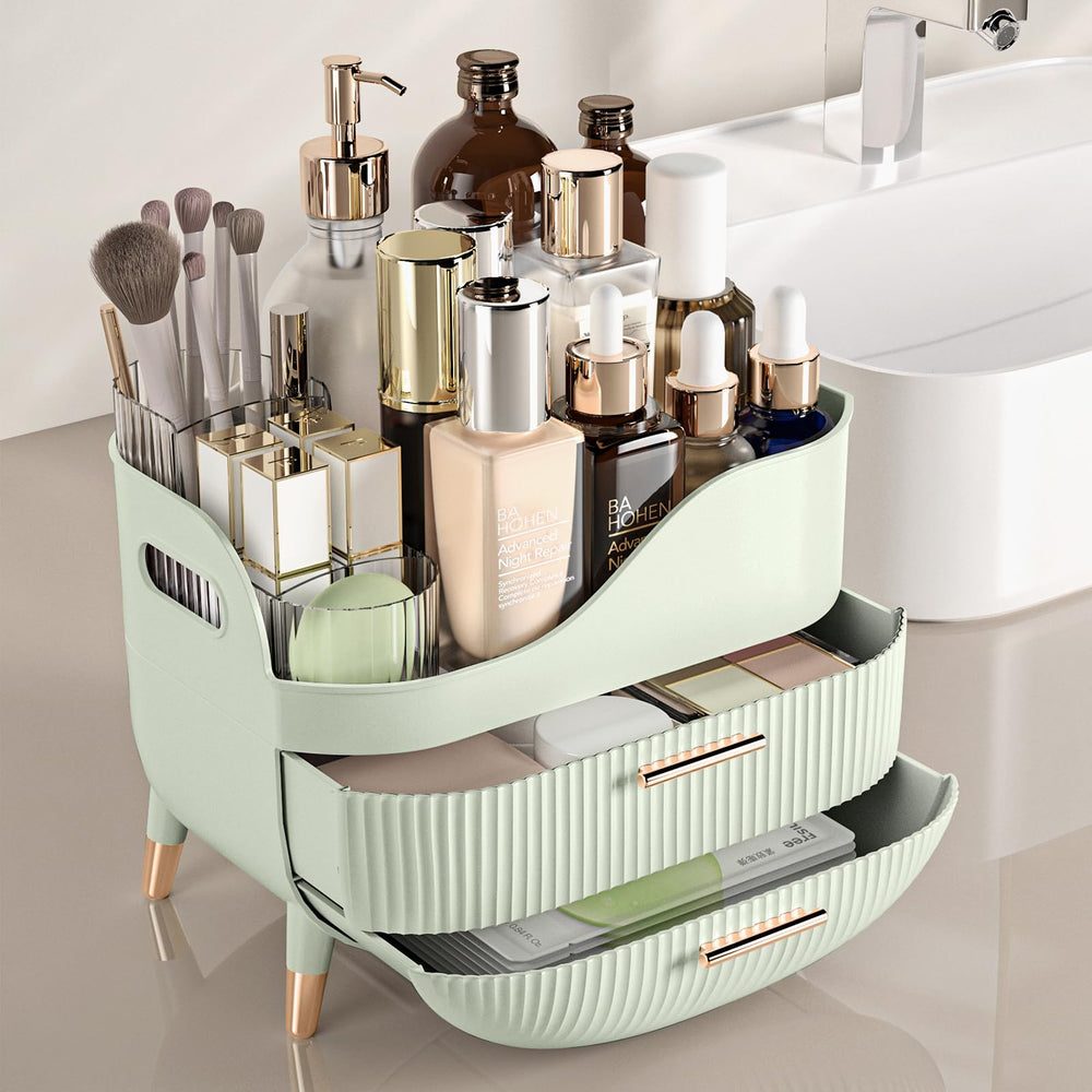Pajiriona vanity organizer on countertop stores foundations, highlighters, and eyeshadows for clutter-free use.