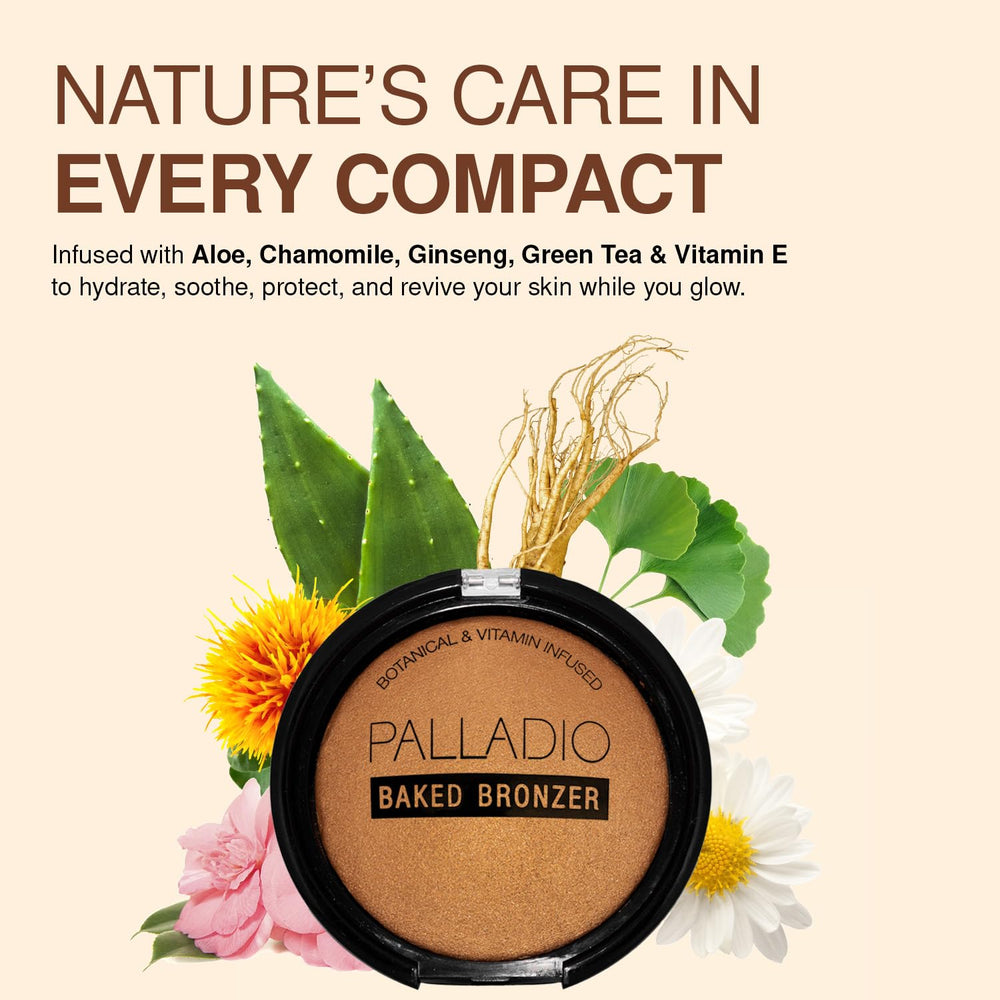 Palladio Baked Bronzer hairline blend for seamless warmth.