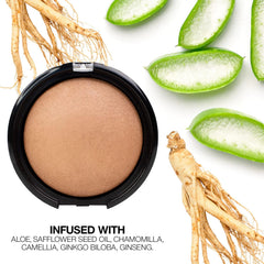 Palladio Baked Bronzer wet-use swatch yields dramatic radiance on cheekbones.