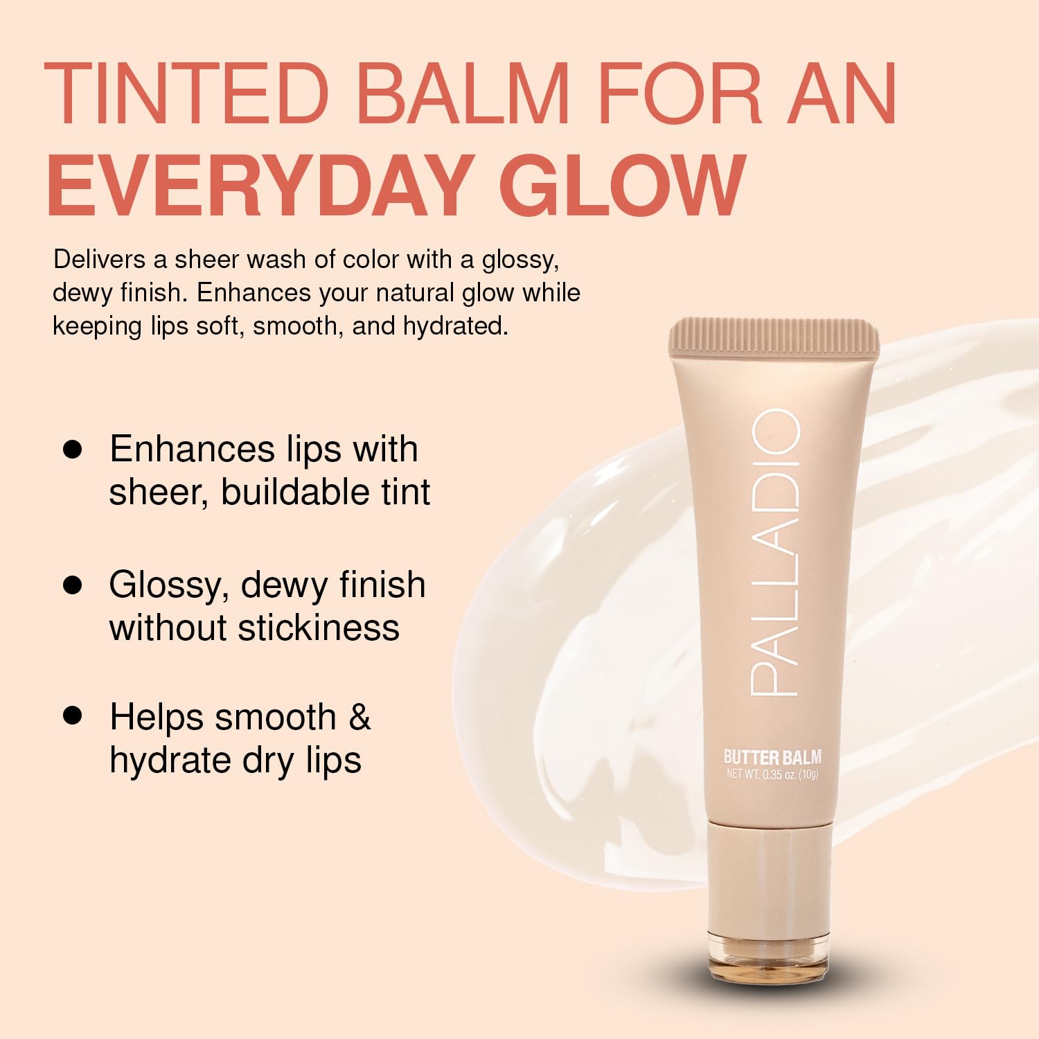 Palladio Butter Balm close-up shows natural color and glossy finish.