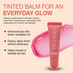 Palladio Butter Balm sheer tint shown on lips for instant moisture and glossy finish