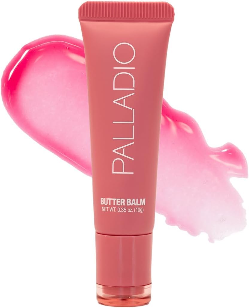Palladio Butter Balm tube application shows sheer strawberry tint for nourished lips hydration