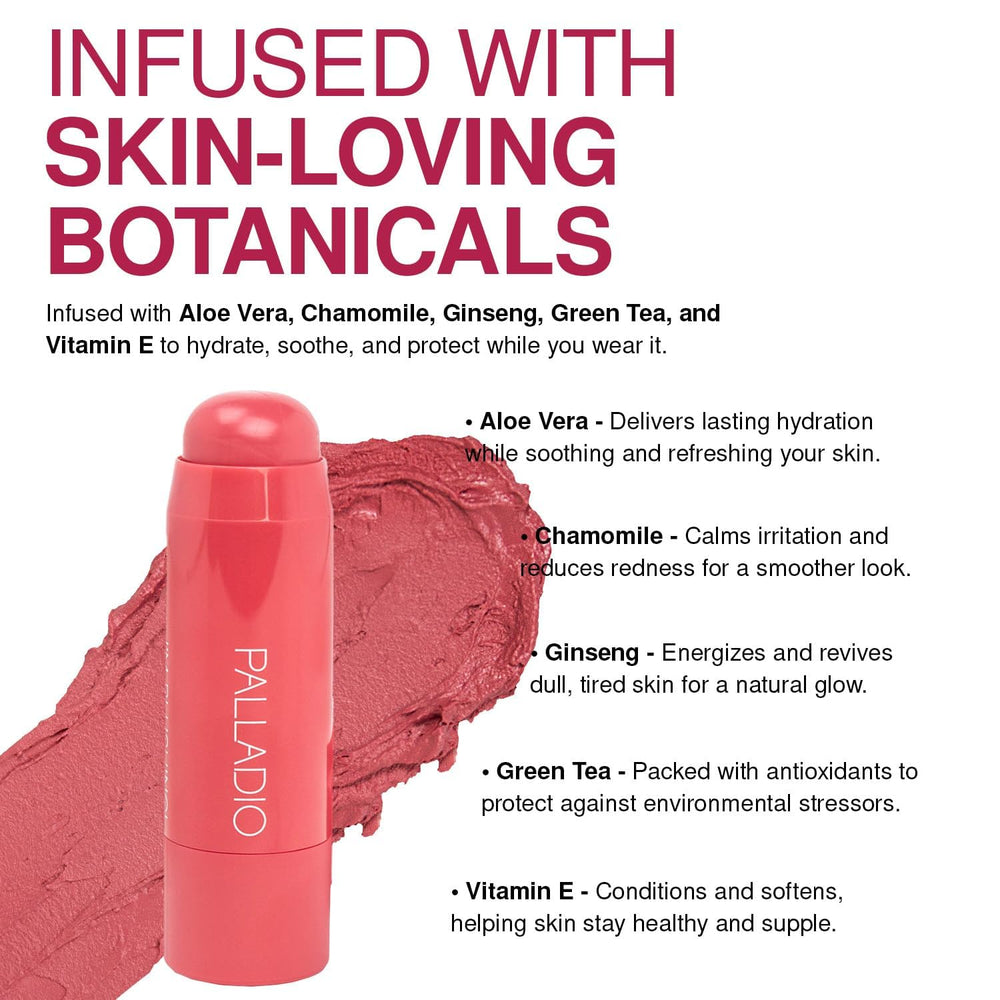 Palladio I'm Blushing dewy finish close-up highlights sheer shimmer.