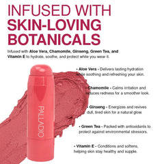 Palladio I'm Blushing dewy finish close-up highlights sheer shimmer.