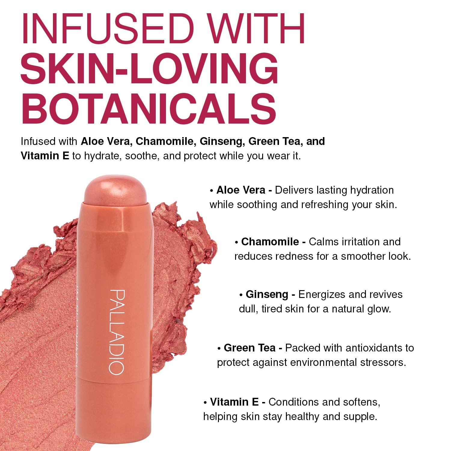 Palladio I'm Blushing tint applied to cheeks for a dewy, natural flush.
