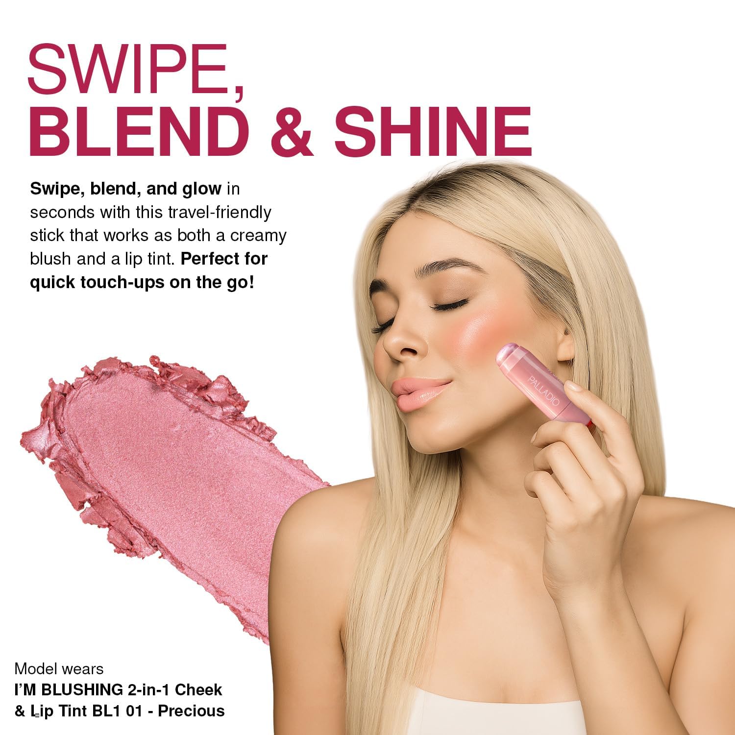 Palladio I'm Blushing tint applied to lips for a sheer, hydrating color.