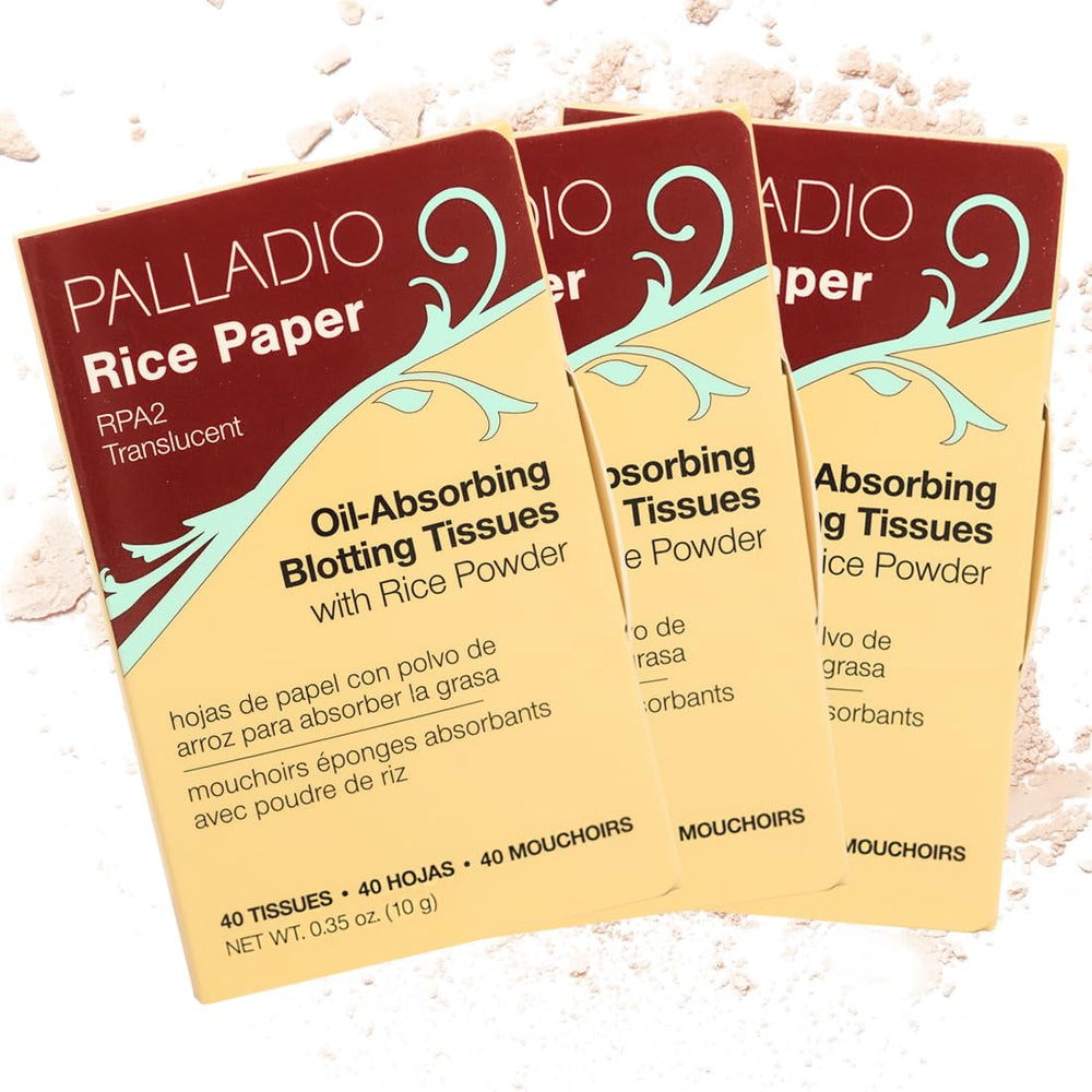 Palladio rice-paper blotting sheets absorb oil for refreshed skin.