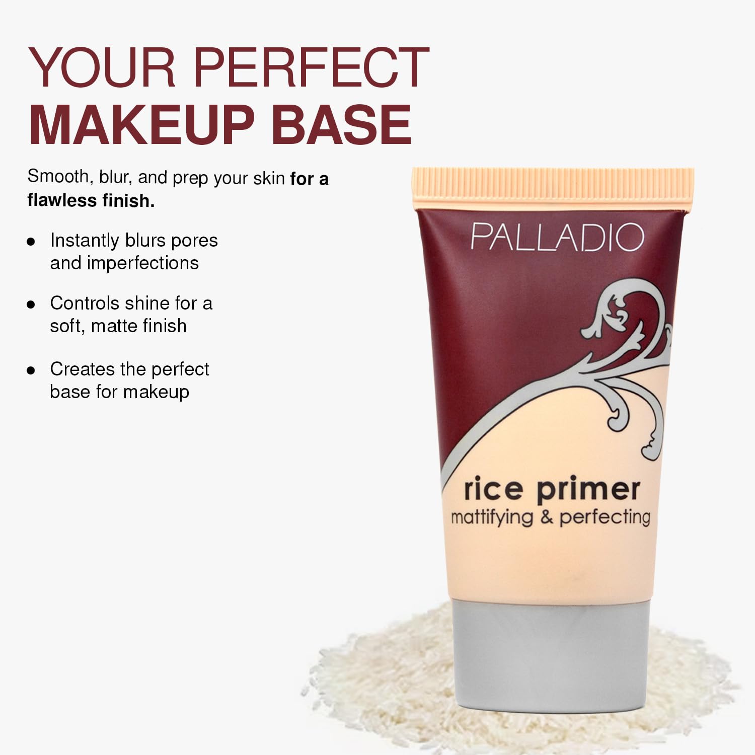 Palladio Rice Primer absorbed-oil scene emphasizes matte finish and pore minimization.