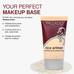 Palladio Rice Primer absorbed-oil scene emphasizes matte finish and pore minimization.