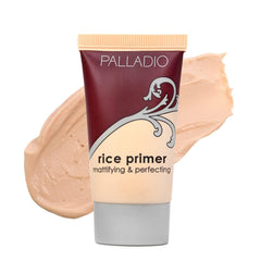 Palladio Rice Primer tube close-up demonstrates a velvety, oil-absorbing base for makeup.