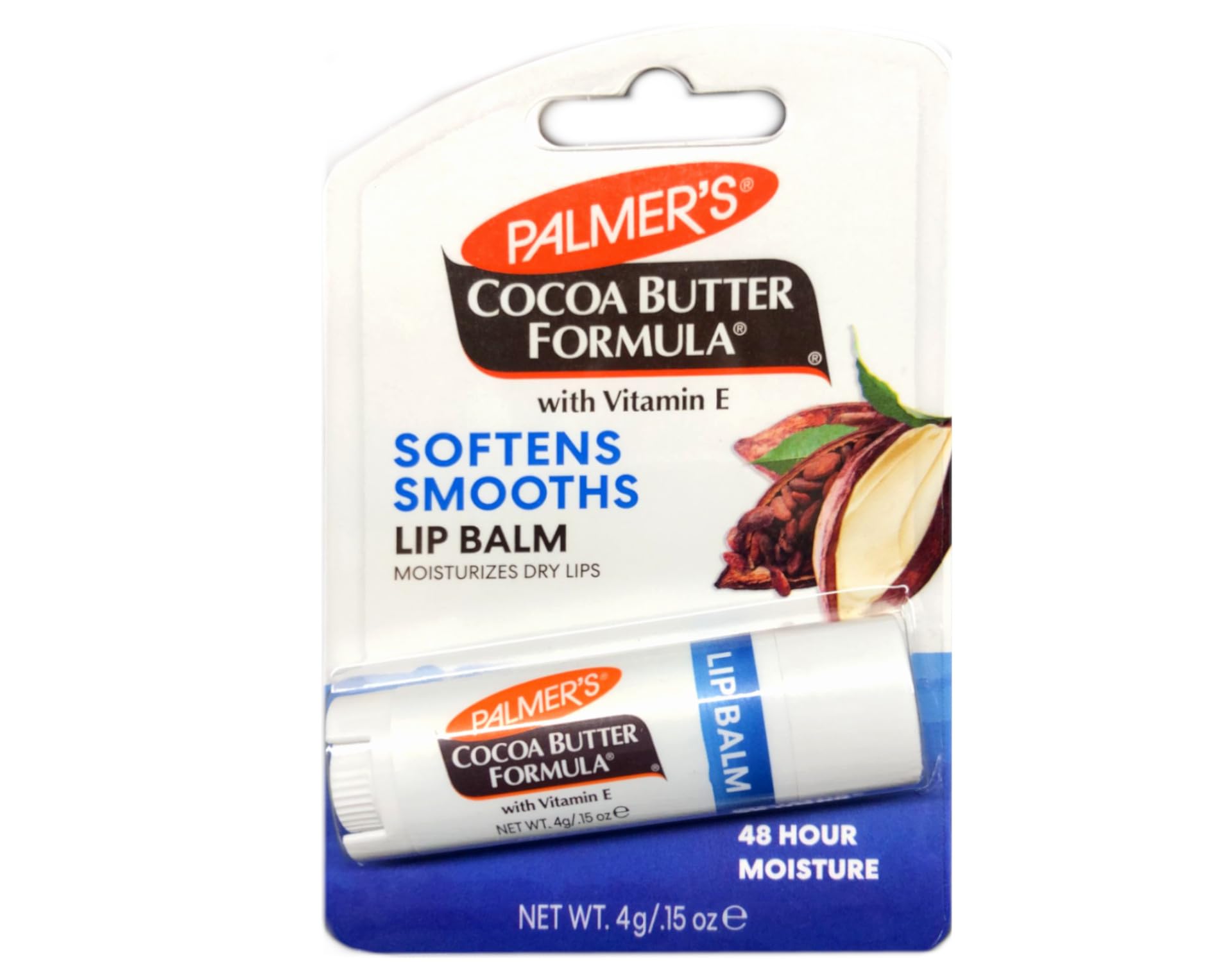 Palmer's Cocoa Butter Formula lip balm tube close-up with Vitamin E protection for dry lips