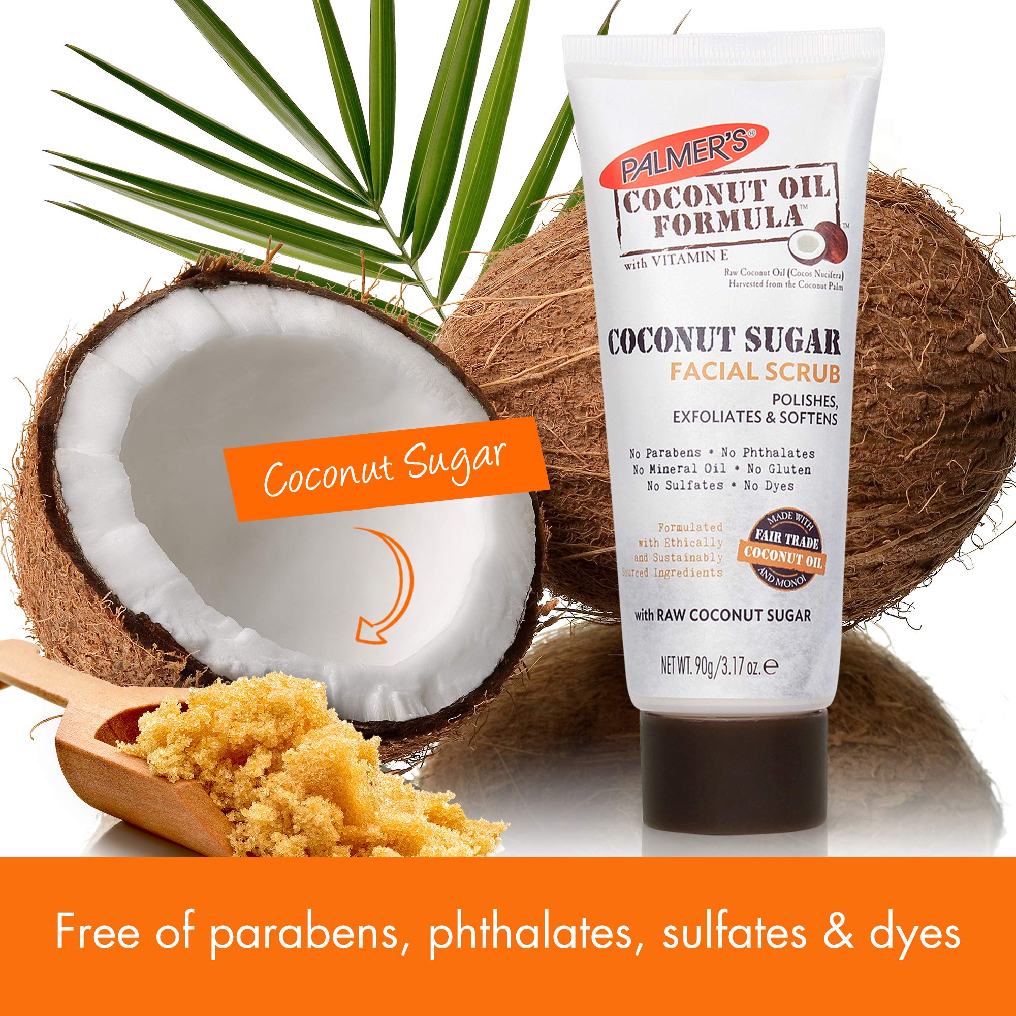 Palmers Coconut Sugar Scrub tub image emphasizing rich hydrating formula