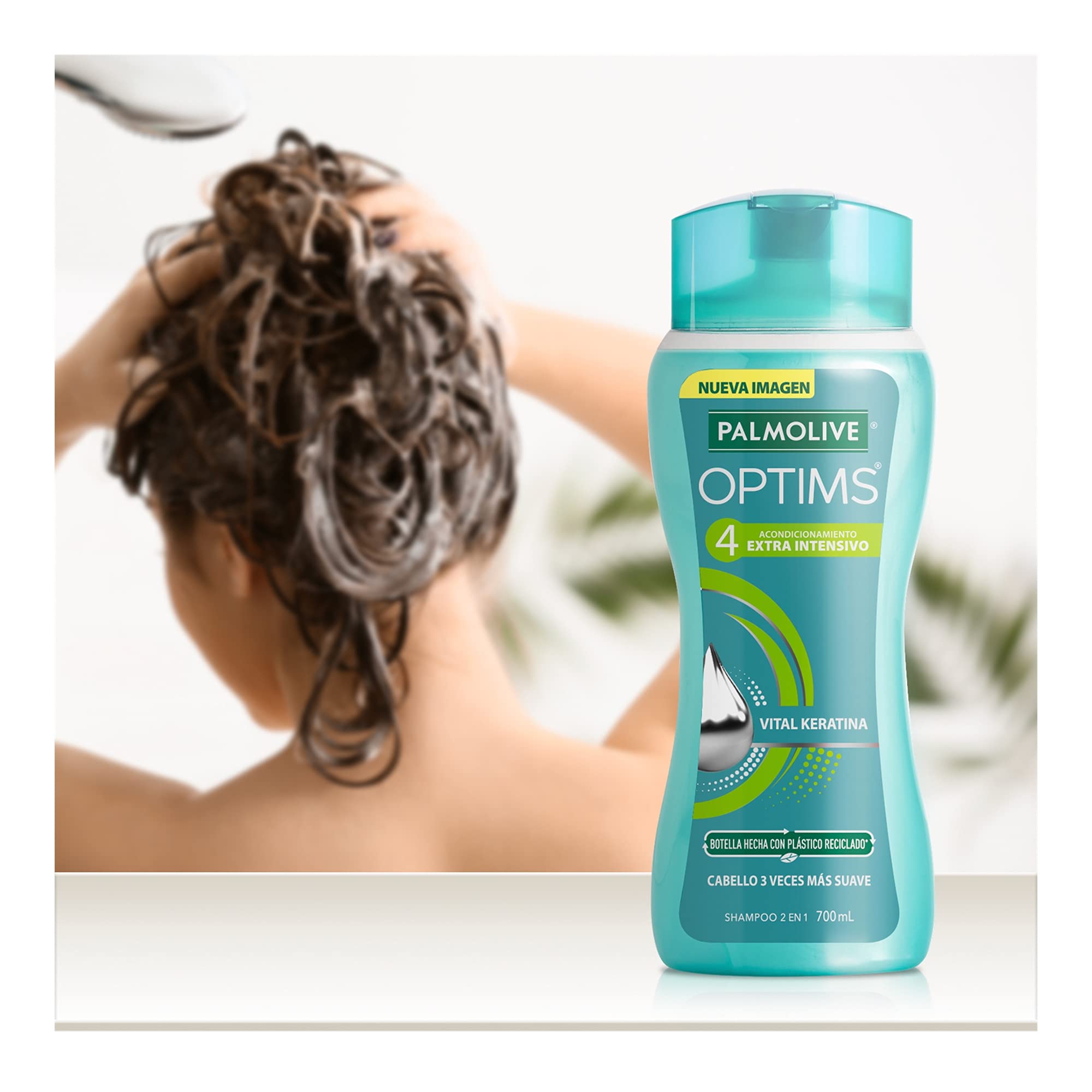 Palmolive Optims Shampoo dispense-cap shows easy, mess-free pouring.