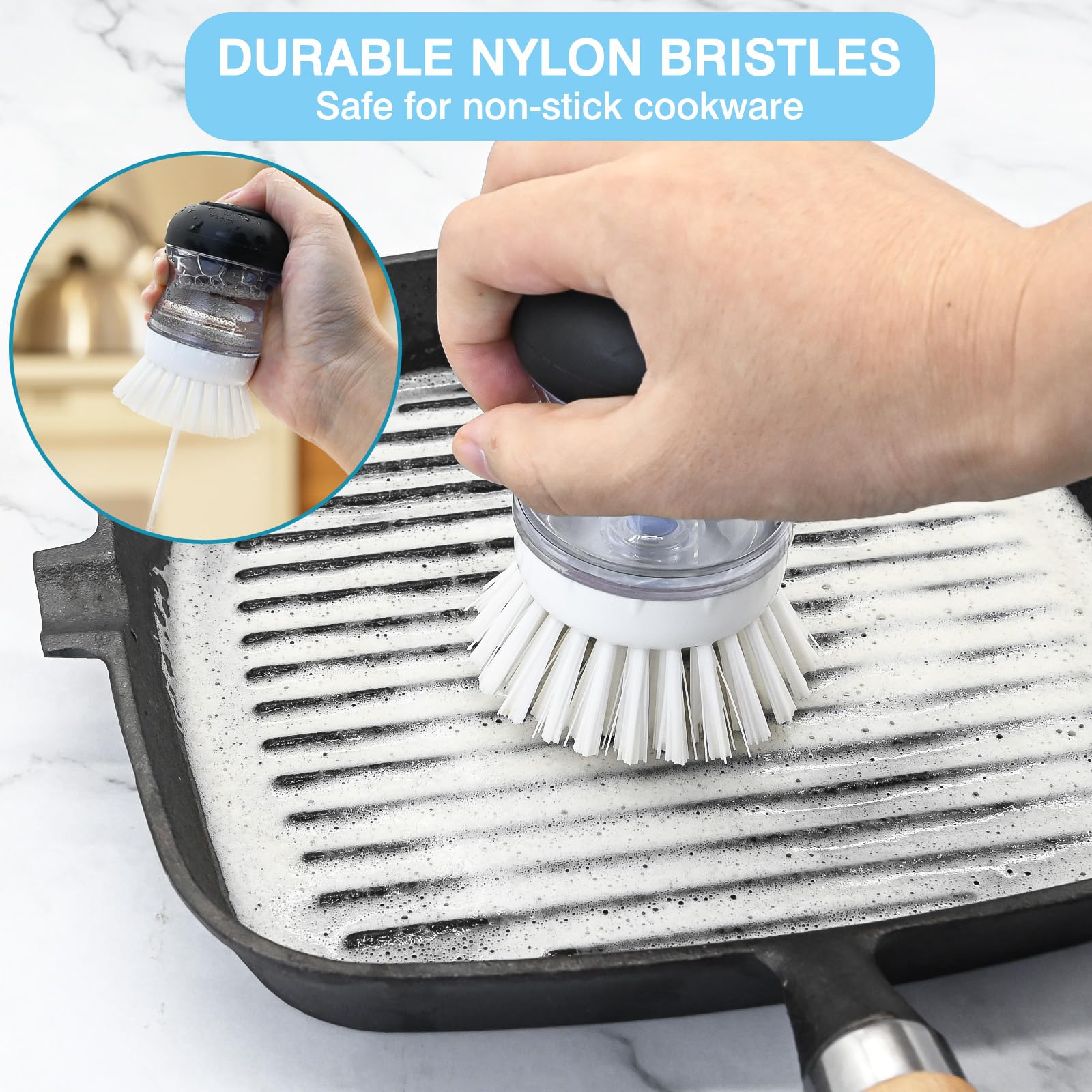 Pamrack palm brush refill bristles close-up highlights tough-but-gentle bristles for cookware.