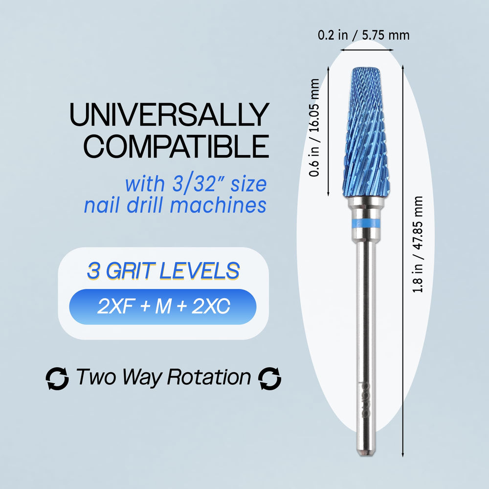 PANA 5-in-1 Pro drill bit blue head angle enables smooth nail shaping.