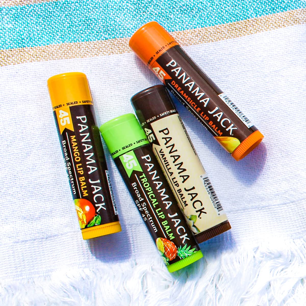 Panama Jack travel-size lip balm on-the-go by sunny beach
