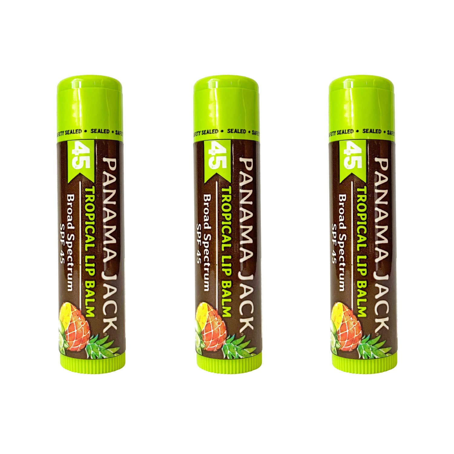 Panama Jack sunscreen lip balm three-pack view with SPF 45 protection.