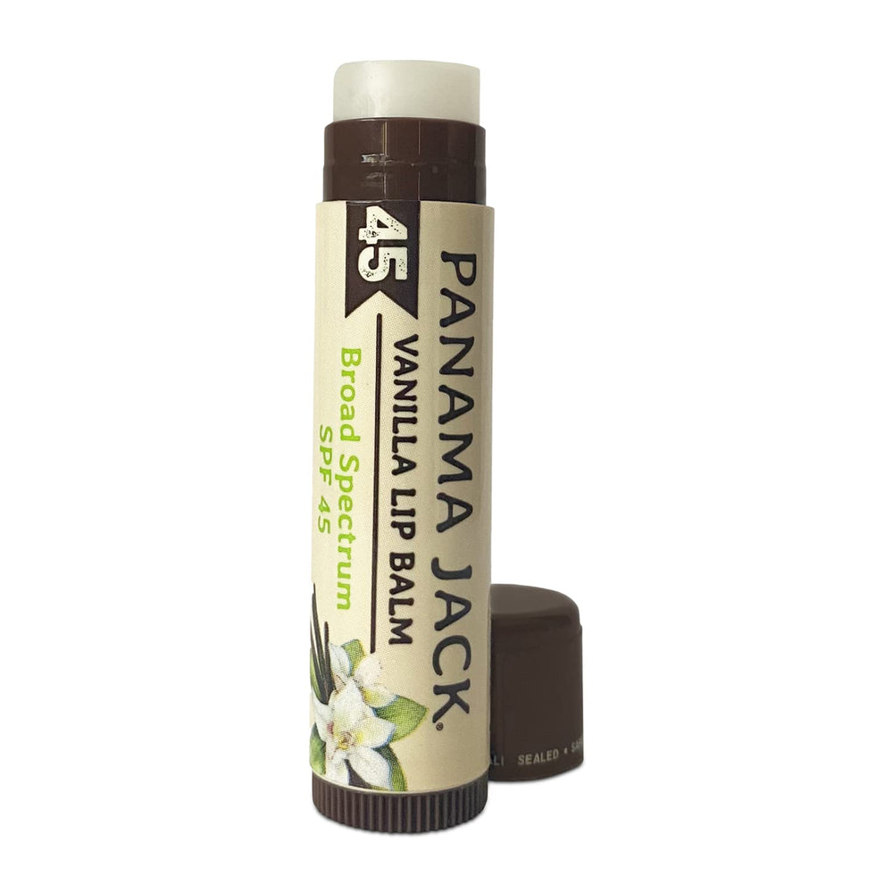 Panama Jack Sunscreen Lip Balm vanilla SPF 45 label communicates broad protection