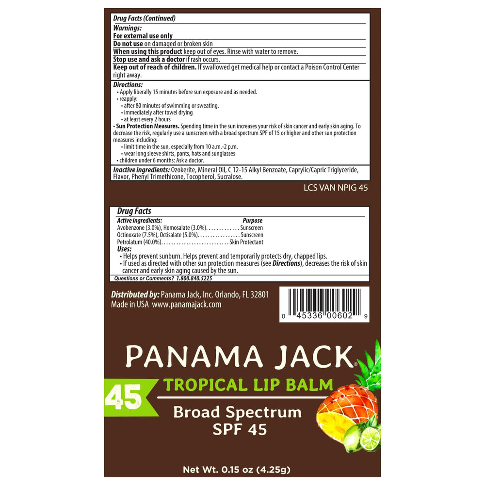Panama Jack Tropical flavor lip balm stick emphasizing hydration and broad spectrum protection.