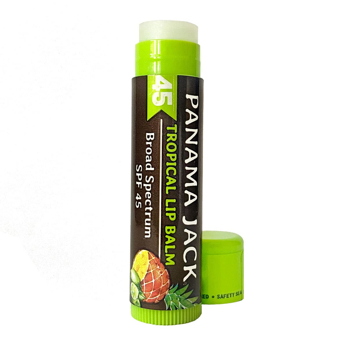 Panama Jack SPF 45 label on lip balm with broad spectrum sun protection claim.