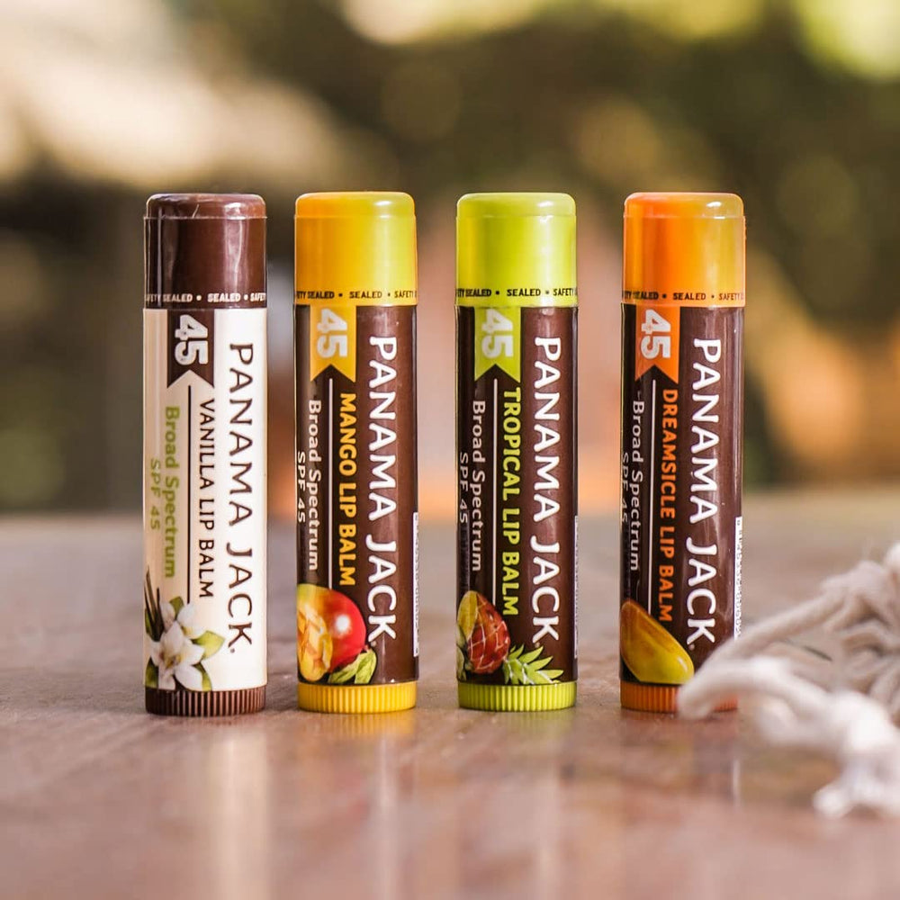 Panama Jack Sunscreen Lip Balm vanilla 3-pack display emphasizes budget-friendly protection